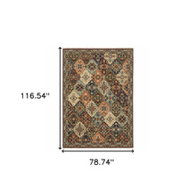 Red Rust Navy Light Blue Brown Orange Ivory And Gold Oriental Power Loom Stain Resistant Area Rug With Fringe - 6' x 9'