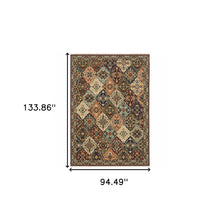 Red Rust Navy Light Blue Brown Orange Ivory And Gold Oriental Power Loom Stain Resistant Area Rug With Fringe - 8' x 11'