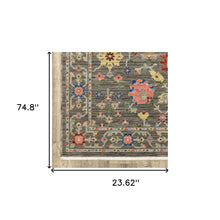 2' X 6' Grey Salmon Pink Gold Blue Rust Deep Blue Ivory And Green Oriental Power Loom Stain Resistant Runner Rug With Fringe