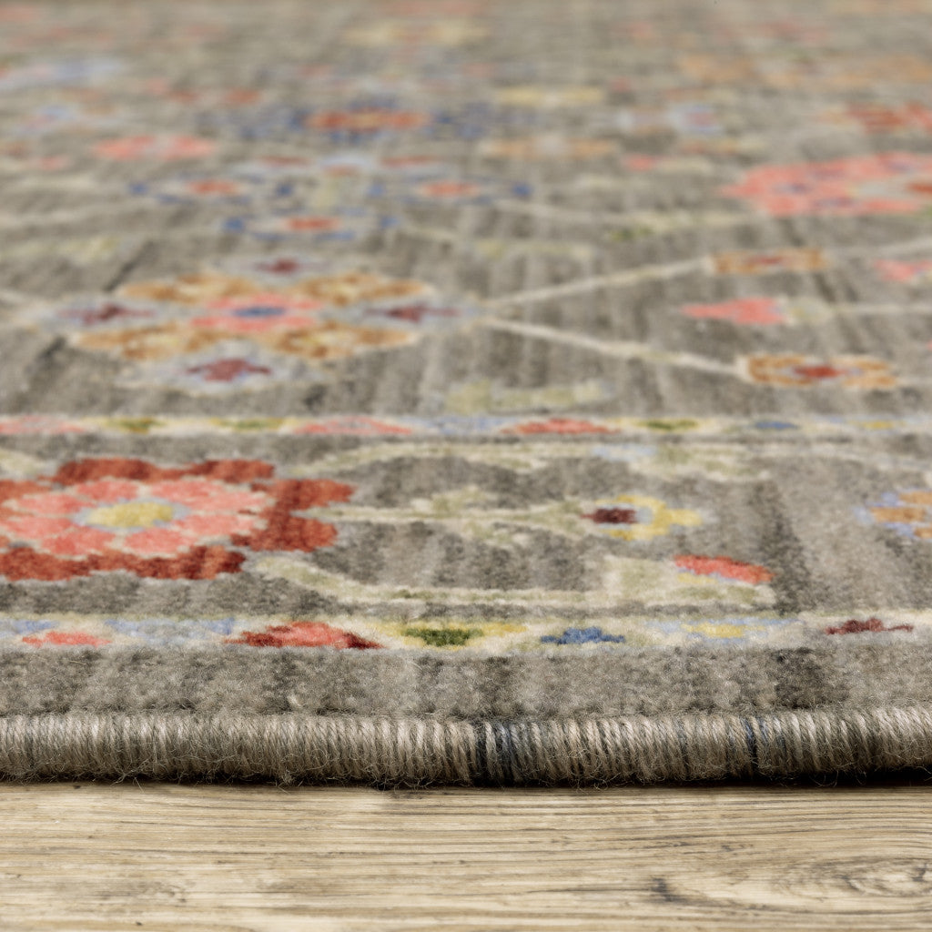 2' X 6' Grey Salmon Pink Gold Blue Rust Deep Blue Ivory And Green Oriental Power Loom Stain Resistant Runner Rug With Fringe