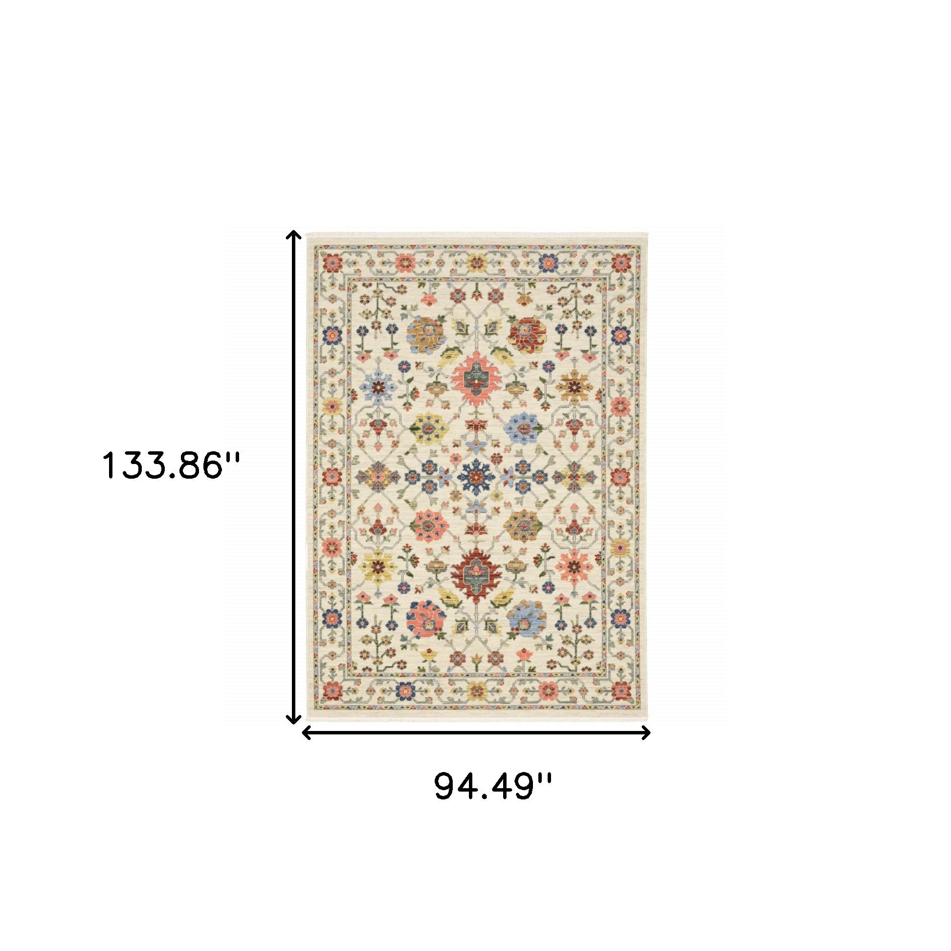 8' X 11' Ivory Salmon Pink Gold Blues Grey Rust And Green Oriental Power Loom Stain Resistant Area Rug With Fringe
