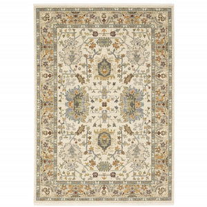 2' X 6' Ivory Grey Orange Green Blue And Red Oriental Power Loom Stain Resistant Runner Rug With Fringe