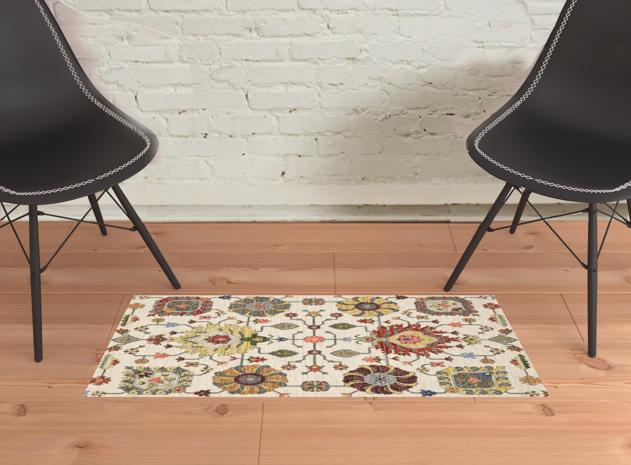 2' X 3' Ivory Yellow Rust Green Grey Pink Orange Blue And Grey Oriental Power Loom Stain Resistant Area Rug With Fringe