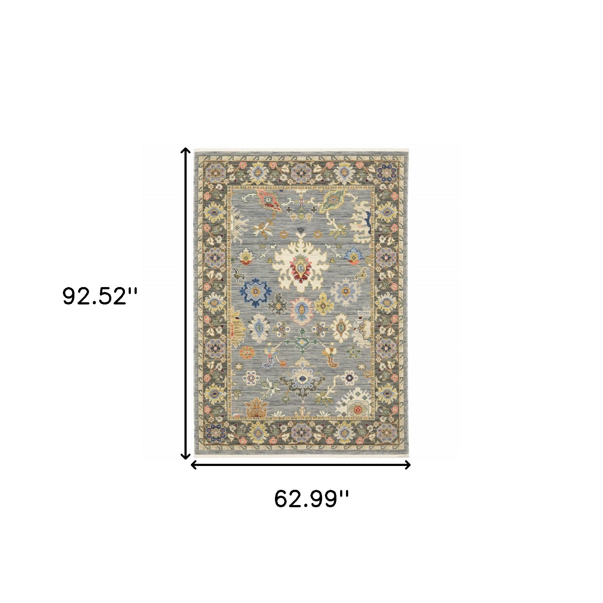 Blue Grey Gold Green Pink Orange Ivory And Red Oriental Power Loom Stain Resistant Area Rug With Fringe 5' X 8'