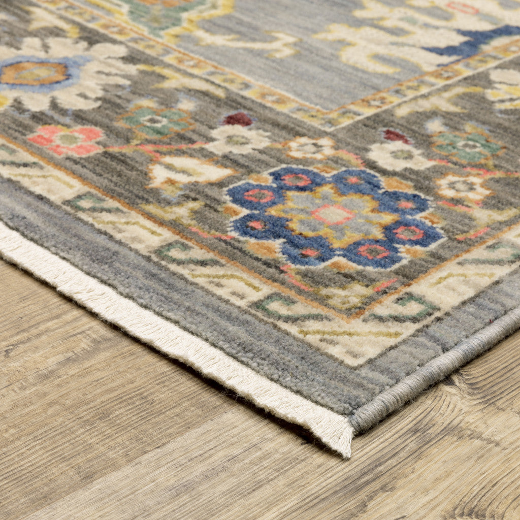 Blue Grey Gold Green Pink Orange Ivory And Red Oriental Power Loom Stain Resistant Area Rug With Fringe 5' X 8'