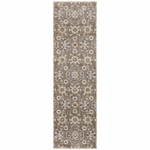 2' X 8' Grey And Tan Floral Power Loom Stain Resistant Runner Rug With Fringe