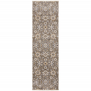 2' X 8' Grey And Tan Floral Power Loom Stain Resistant Runner Rug With Fringe