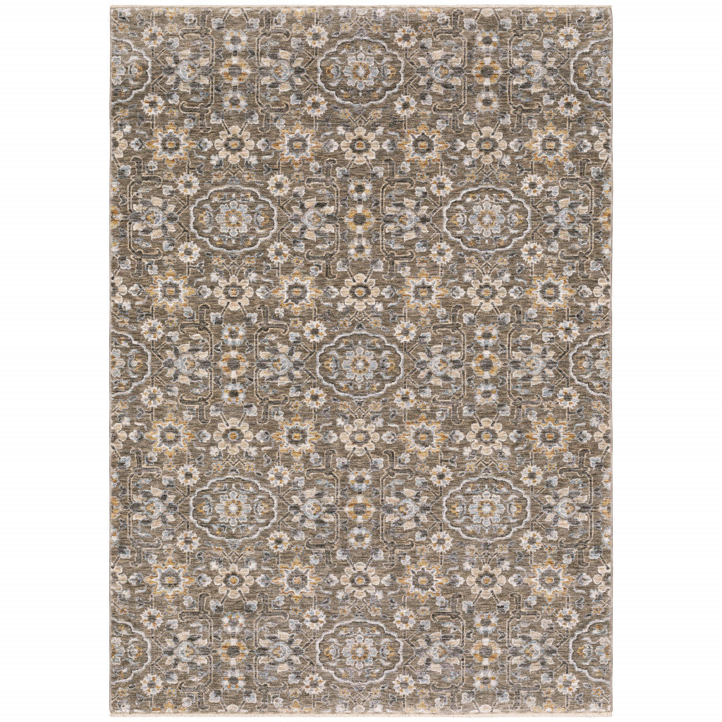5' X 8' Grey And Tan Floral Power Loom Stain Resistant Area Rug With Fringe
