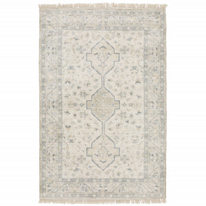10' X 13' Beige And Charcoal Oriental Hand Loomed Stain Resistant Area Rug With Fringe