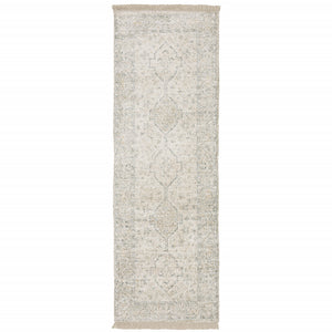 2' X 8' Beige And Charcoal Oriental Hand Loomed Stain Resistant Runner Rug With Fringe