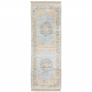 2' X 8' Blue And Beige Oriental Hand Loomed Stain Resistant Runner Rug With Fringe