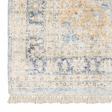 5' X 8' Blue And Beige Oriental Hand Loomed Stain Resistant Area Rug With Fringe