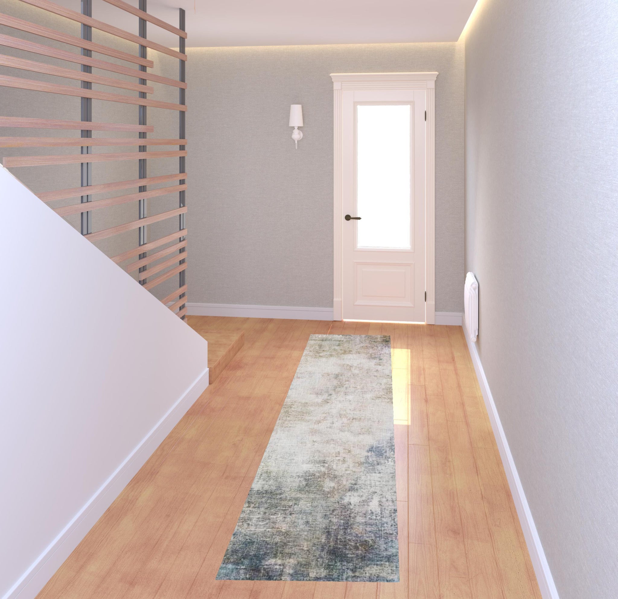 2' X 8' Beige Blue Grey Green Brown And Purple Abstract Power Loom Stain Resistant Runner Rug