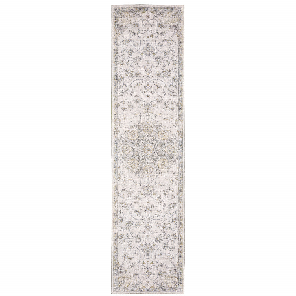 2' X 8' Beige Gold And Grey Oriental Power Loom Stain Resistant Runner Rug