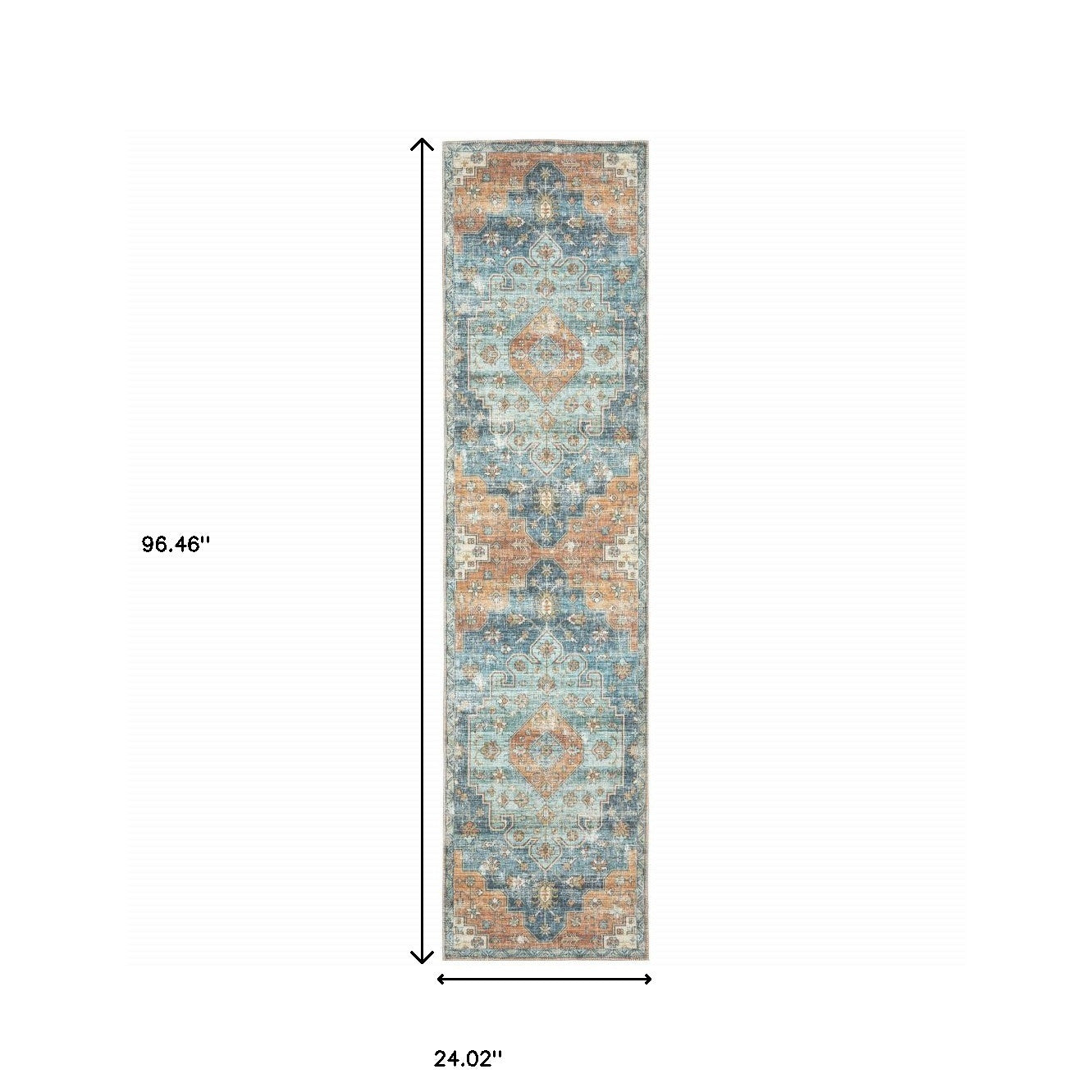 Orange Blue Teal Green And Beige Oriental Power Loom Stain Resistant Runner Rug - 2' x 8'