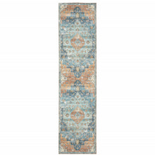Orange Blue Teal Green And Beige Oriental Power Loom Stain Resistant Runner Rug - 2' x 8'