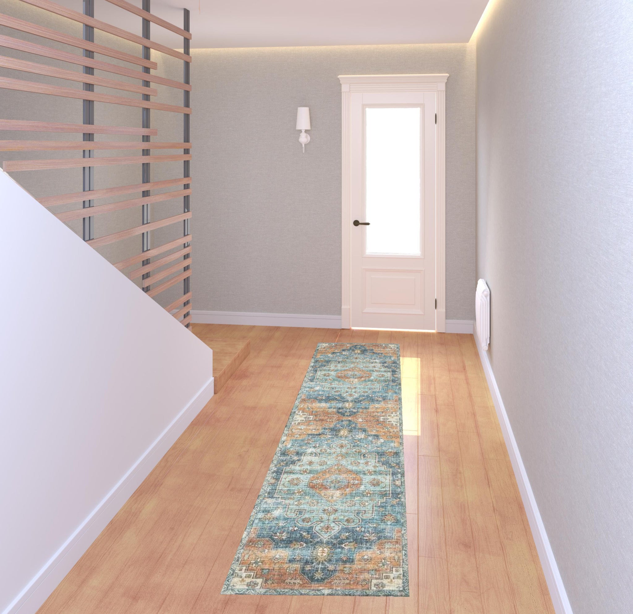 Orange Blue Teal Green And Beige Oriental Power Loom Stain Resistant Runner Rug - 2' x 8'