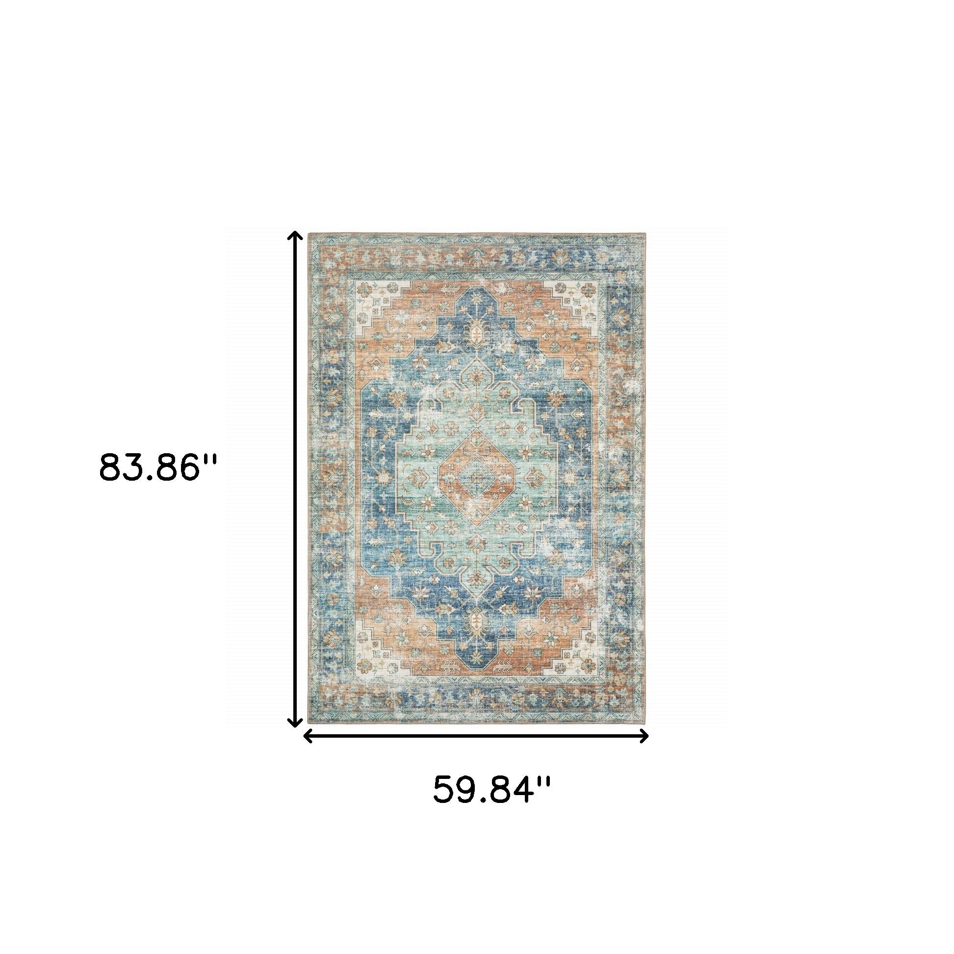 Orange Blue Teal Green And Beige Oriental Power Loom Stain Resistant Area Rug - 5' x 7'