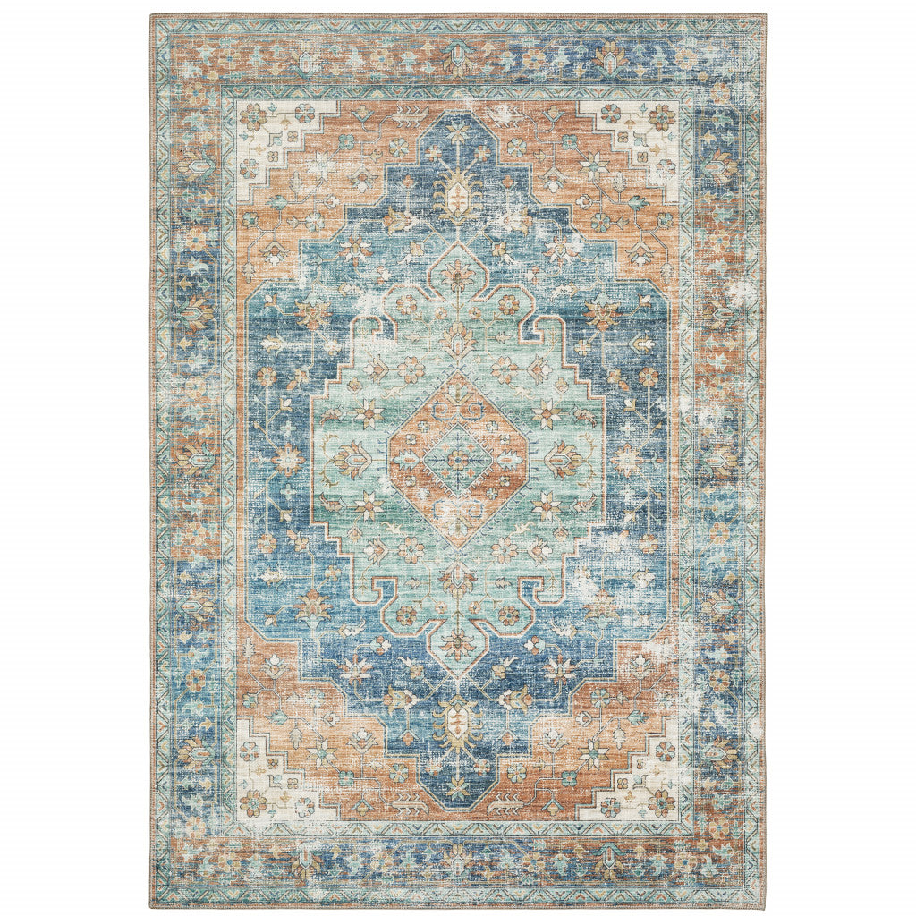 Orange Blue Teal Green And Beige Oriental Power Loom Stain Resistant Area Rug - 5' x 7'