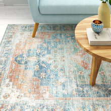 Orange Blue Teal Green And Beige Oriental Power Loom Stain Resistant Area Rug - 5' x 7'