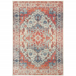 4' X 6' Blue And Orange Oriental Power Loom Stain Resistant Area Rug
