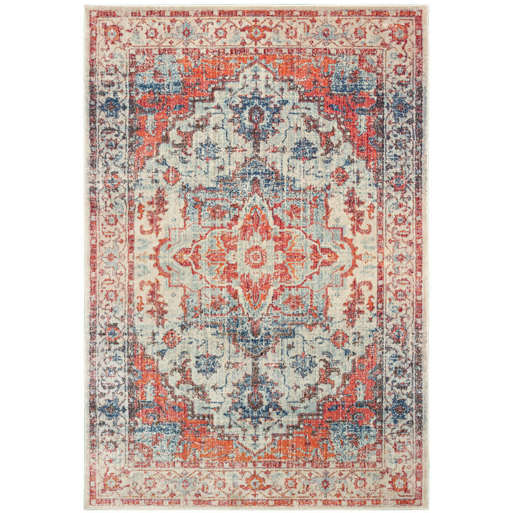 5' X 8' Blue And Orange Oriental Power Loom Stain Resistant Area Rug