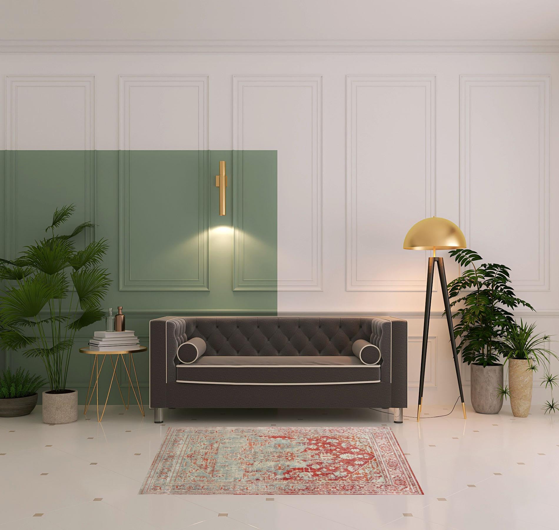 4' X 6' Grey And Orange Oriental Power Loom Stain Resistant Area Rug