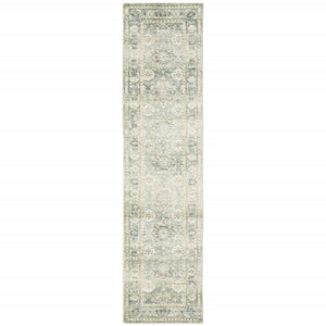 2' X 8' Green And Ivory Oriental Power Loom Stain Resistant Runner Rug