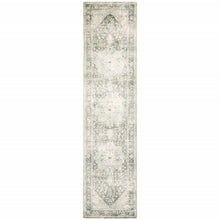 2' X 8' Grey Ivory And Blue Oriental Power Loom Stain Resistant Runner Rug