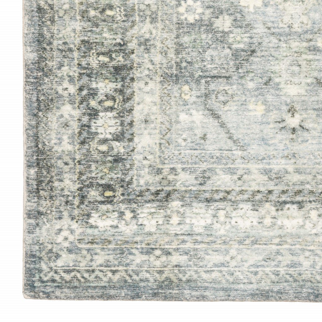2' X 8' Blue Ivory And Grey Oriental Power Loom Stain Resistant Runner Rug