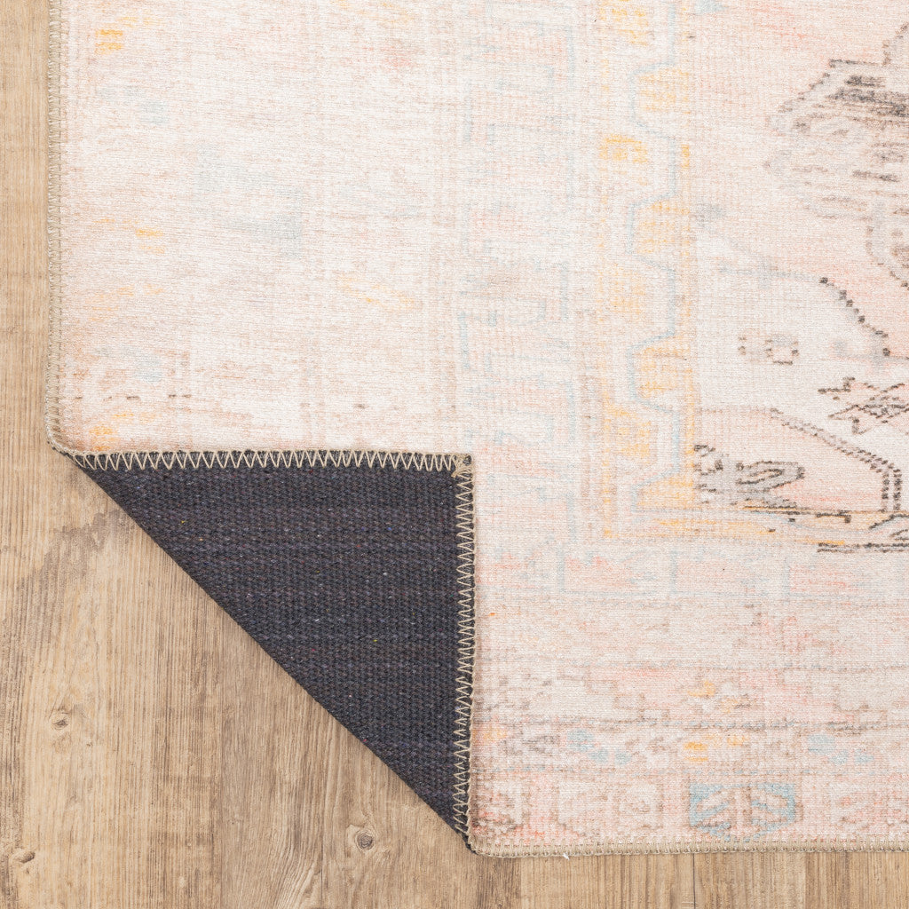 9' X 12' Pink And Blue Oriental Power Loom Stain Resistant Area Rug