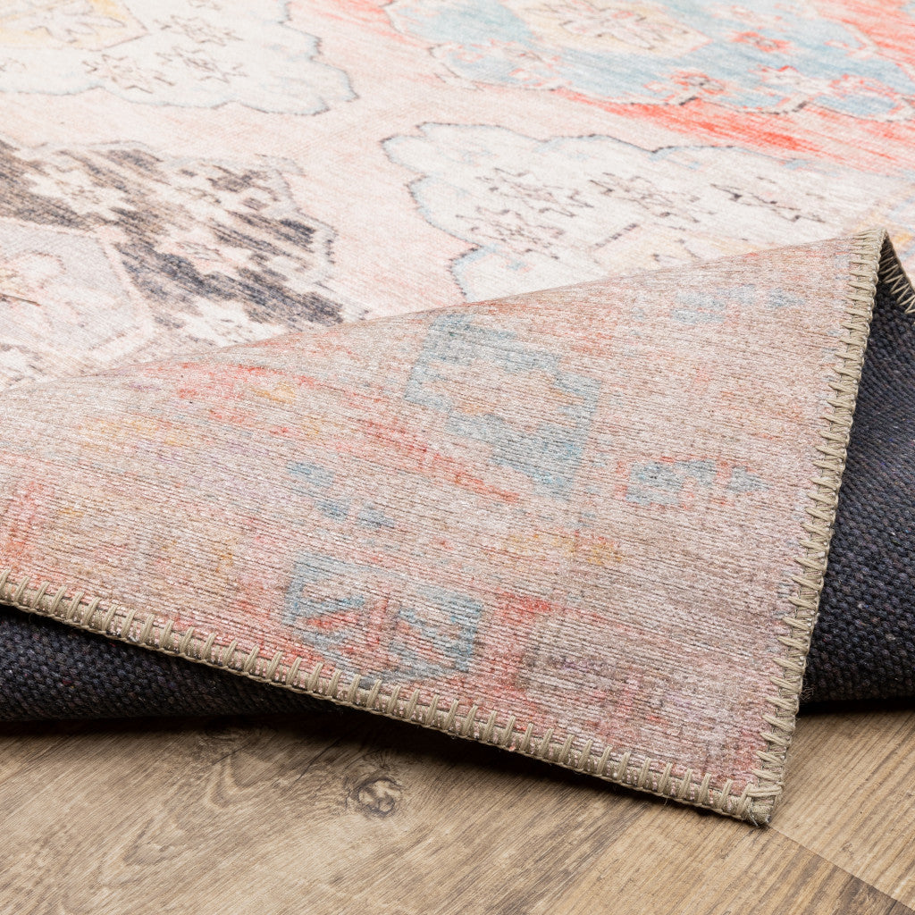 9' X 12' Pink And Blue Oriental Power Loom Stain Resistant Area Rug