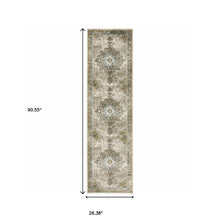2' X 8' Grey Blue Beige And Gold Oriental Power Loom Stain Resistant Runner Rug