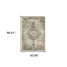 5' X 7' Grey Blue Beige And Gold Oriental Power Loom Stain Resistant Area Rug
