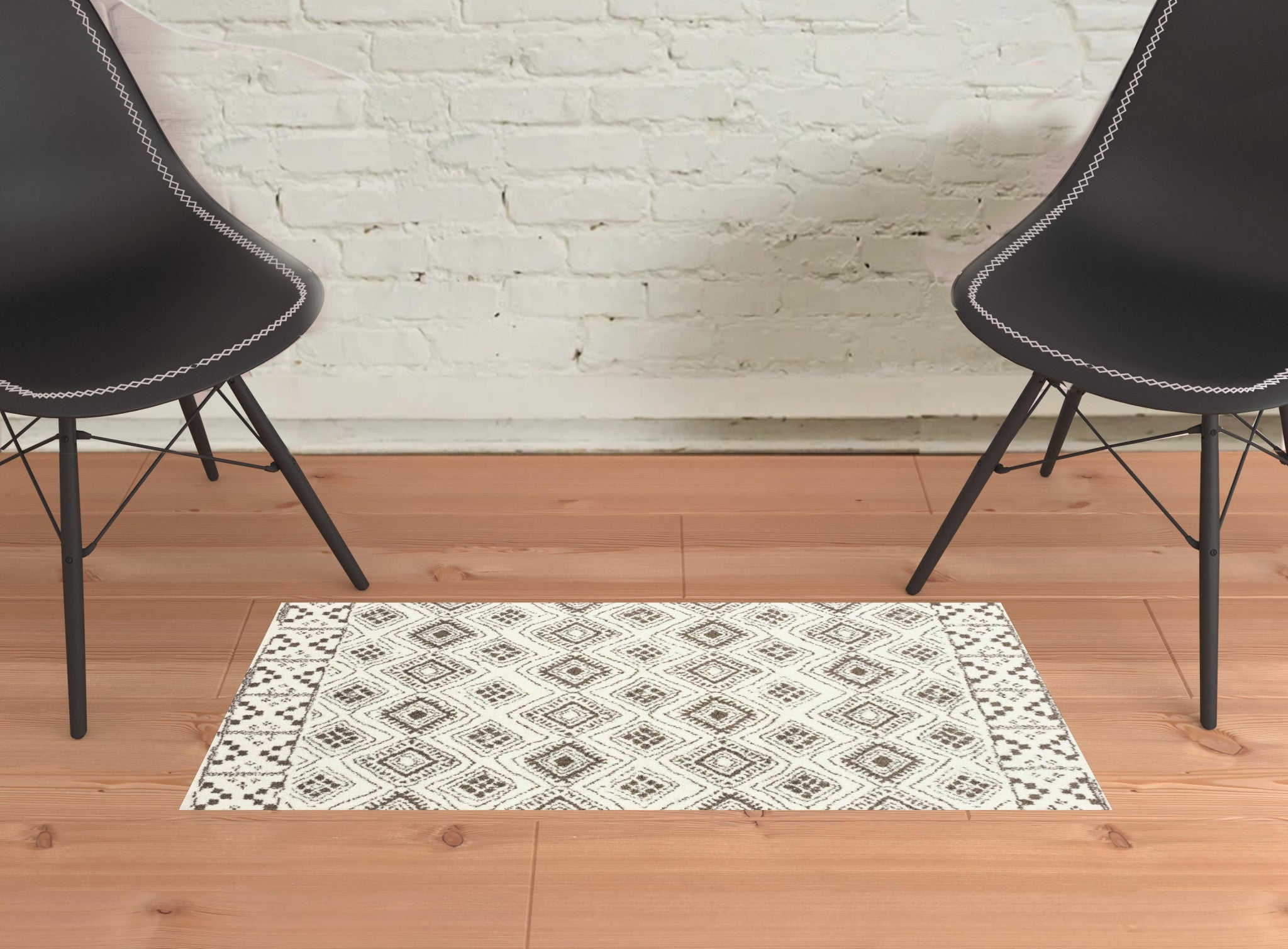 2' X 3' Ivory And Brown Geometric Shag Power Loom Stain Resistant Area Rug