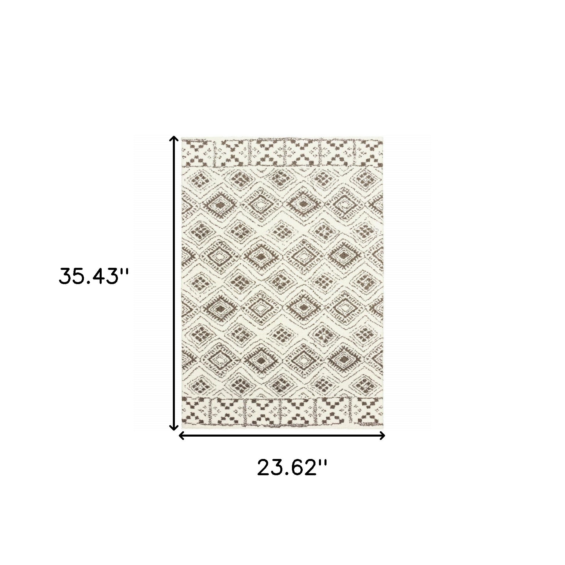 2' X 3' Ivory And Brown Geometric Shag Power Loom Stain Resistant Area Rug