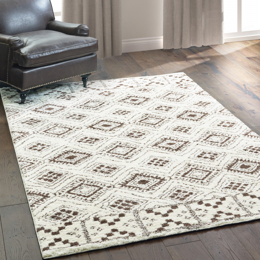 Ivory And Brown Geometric Shag Power Loom Stain Resistant Area Rug - 4' x 6'