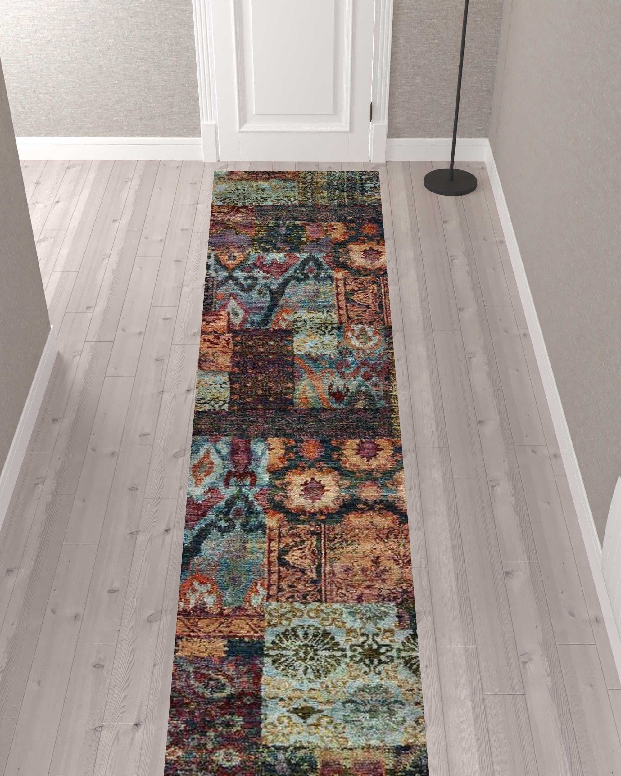 2' X 10' Blue And Red Abstract Power Loom Runner Rug