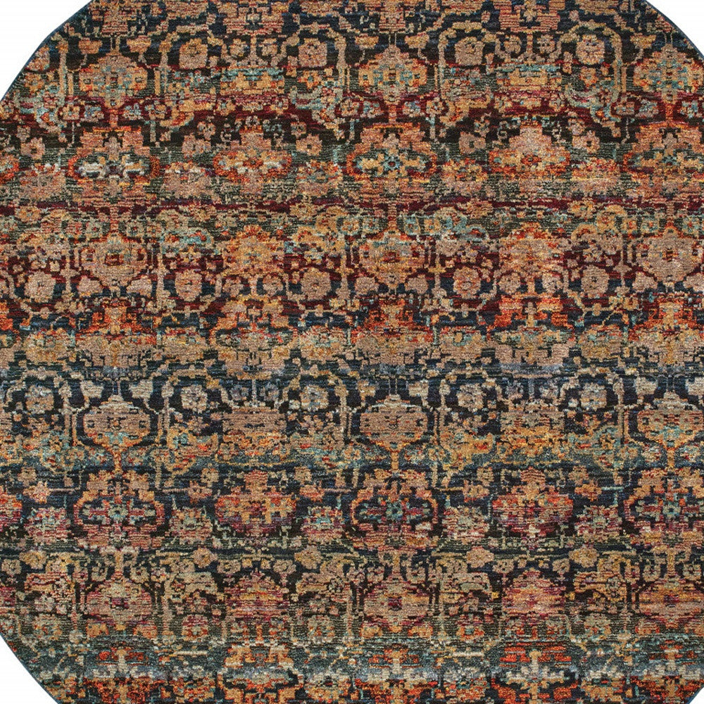 8' Multi And Blue Round Abstract Power Loom Stain Resistant Area Rug