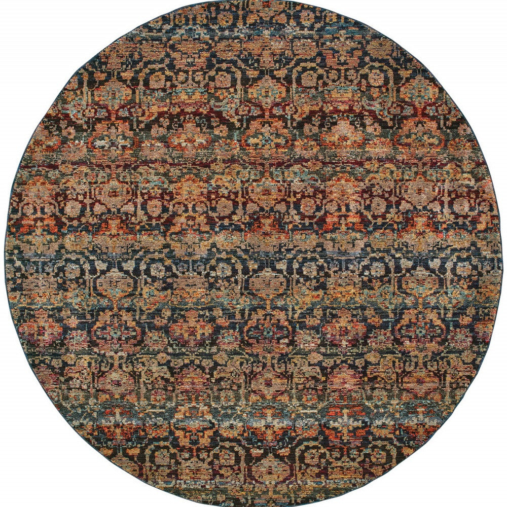 8' Multi And Blue Round Abstract Power Loom Stain Resistant Area Rug