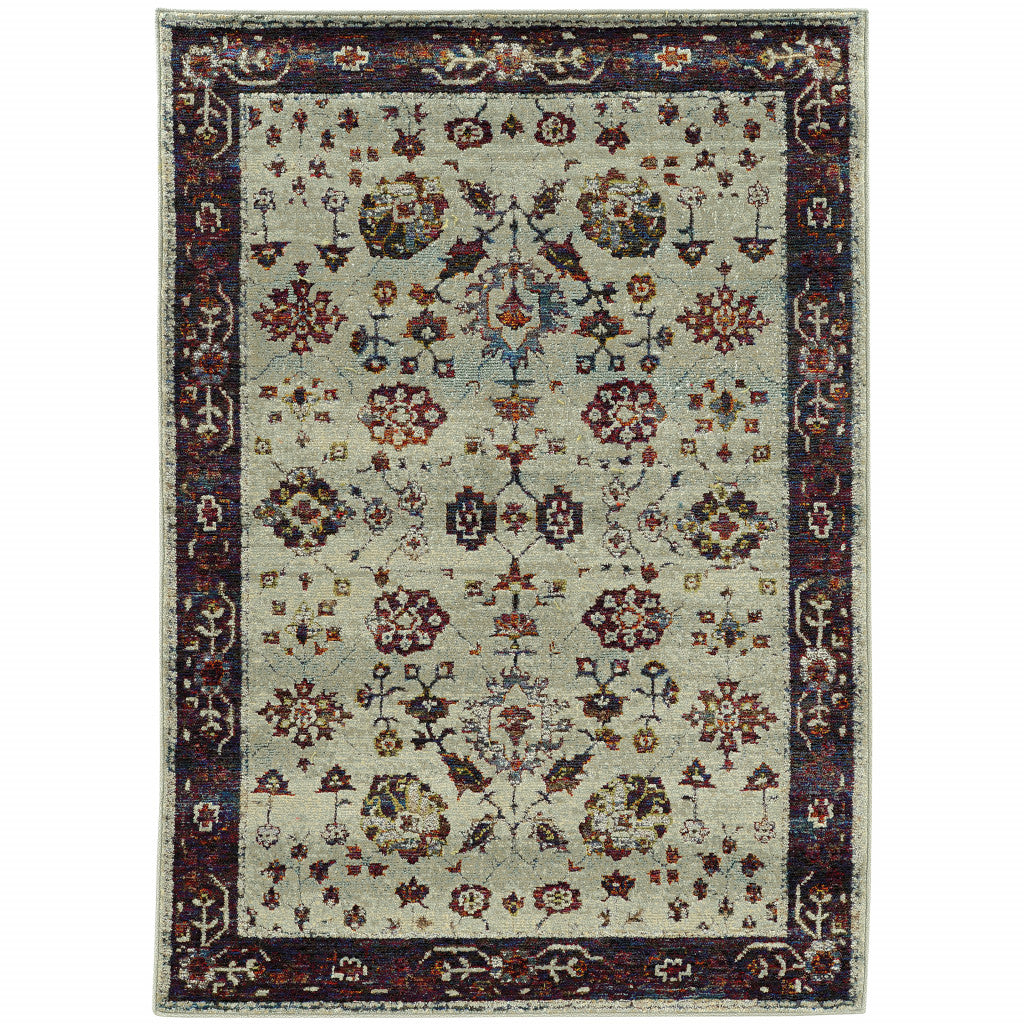 2' X 3' Stone And Red Oriental Power Loom Stain Resistant Area Rug