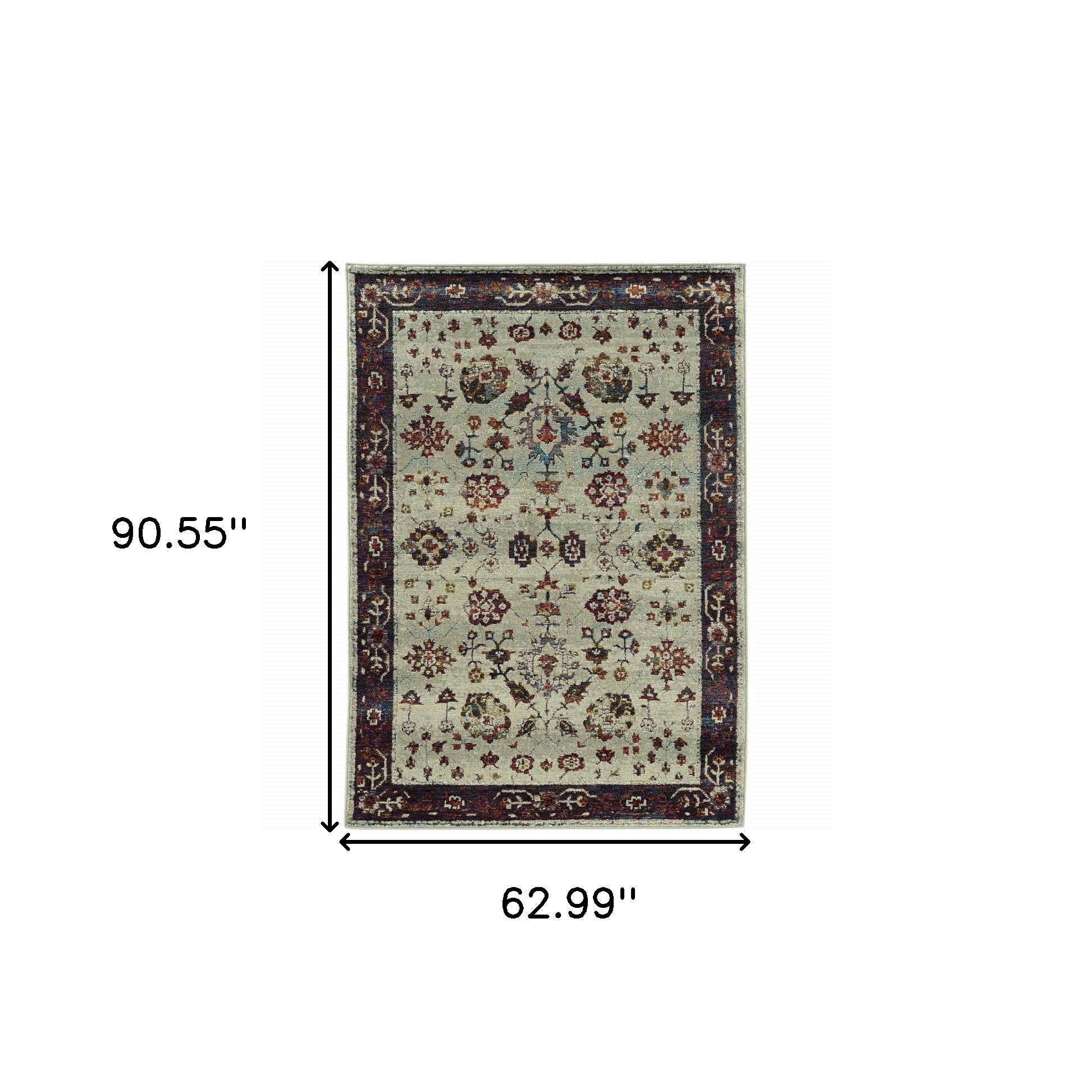 5' X 7' Stone And Red Oriental Power Loom Stain Resistant Area Rug
