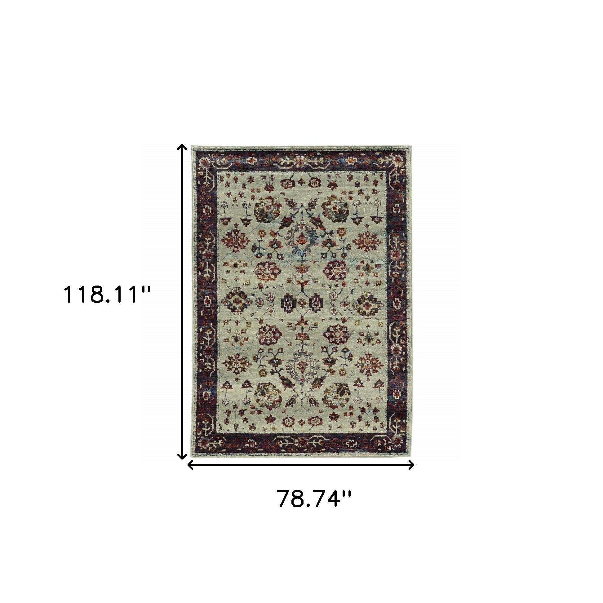 6' X 9' Stone And Red Oriental Power Loom Stain Resistant Area Rug