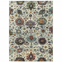 5' X 7' Stone Grey Purple Green Gold And Teal Oriental Power Loom Stain Resistant Area Rug
