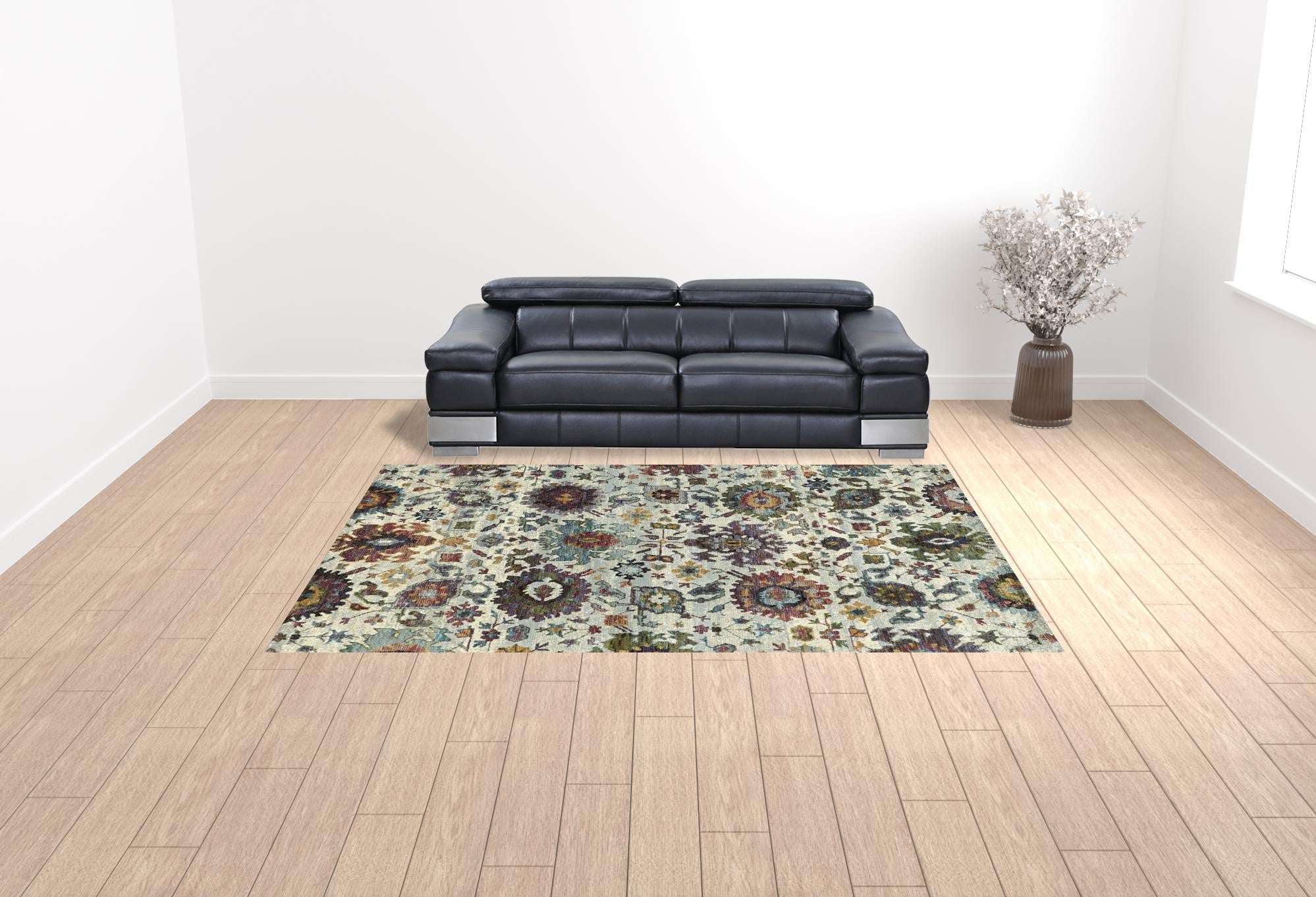 9' X 12' Stone Grey Purple Green Gold And Teal Oriental Power Loom Stain Resistant Area Rug