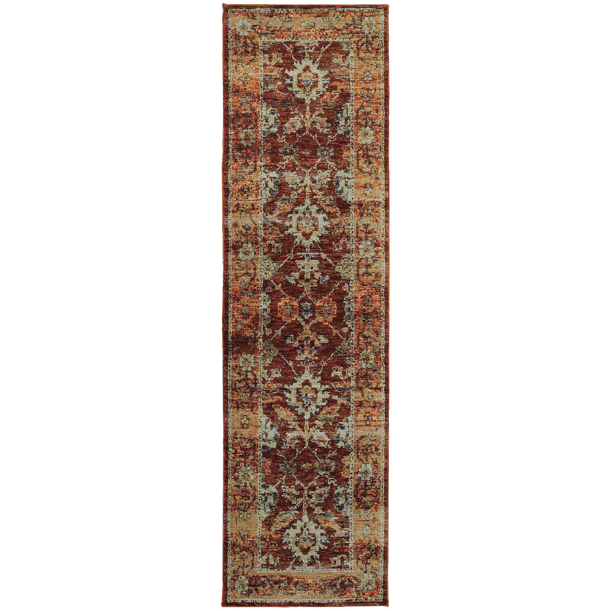 2' X 8' Red Gold And Green Oriental Power Loom Stain Resistant Runner Rug