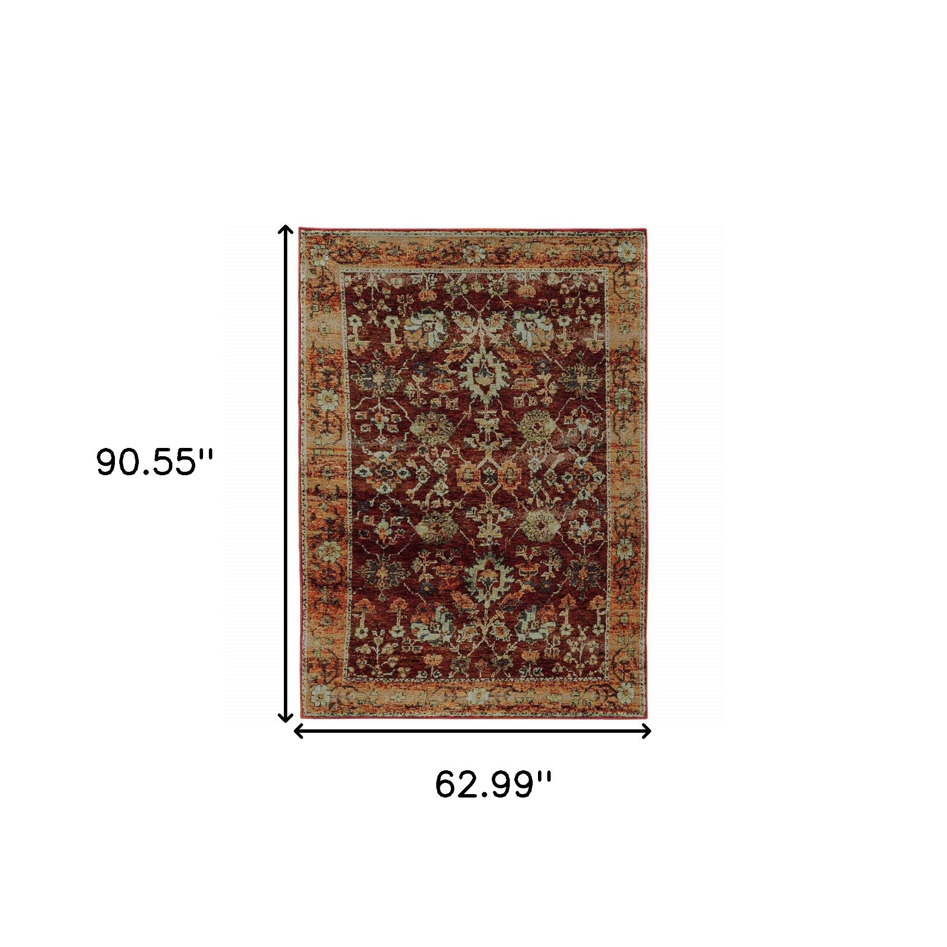 5' X 7' Red Gold And Green Oriental Power Loom Stain Resistant Area Rug
