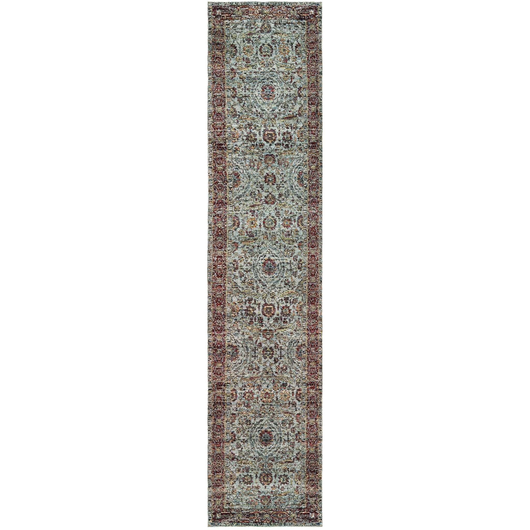 2' X 10' Blue Red Green And Gold Oriental Power Loom Stain Resistant Runner Rug