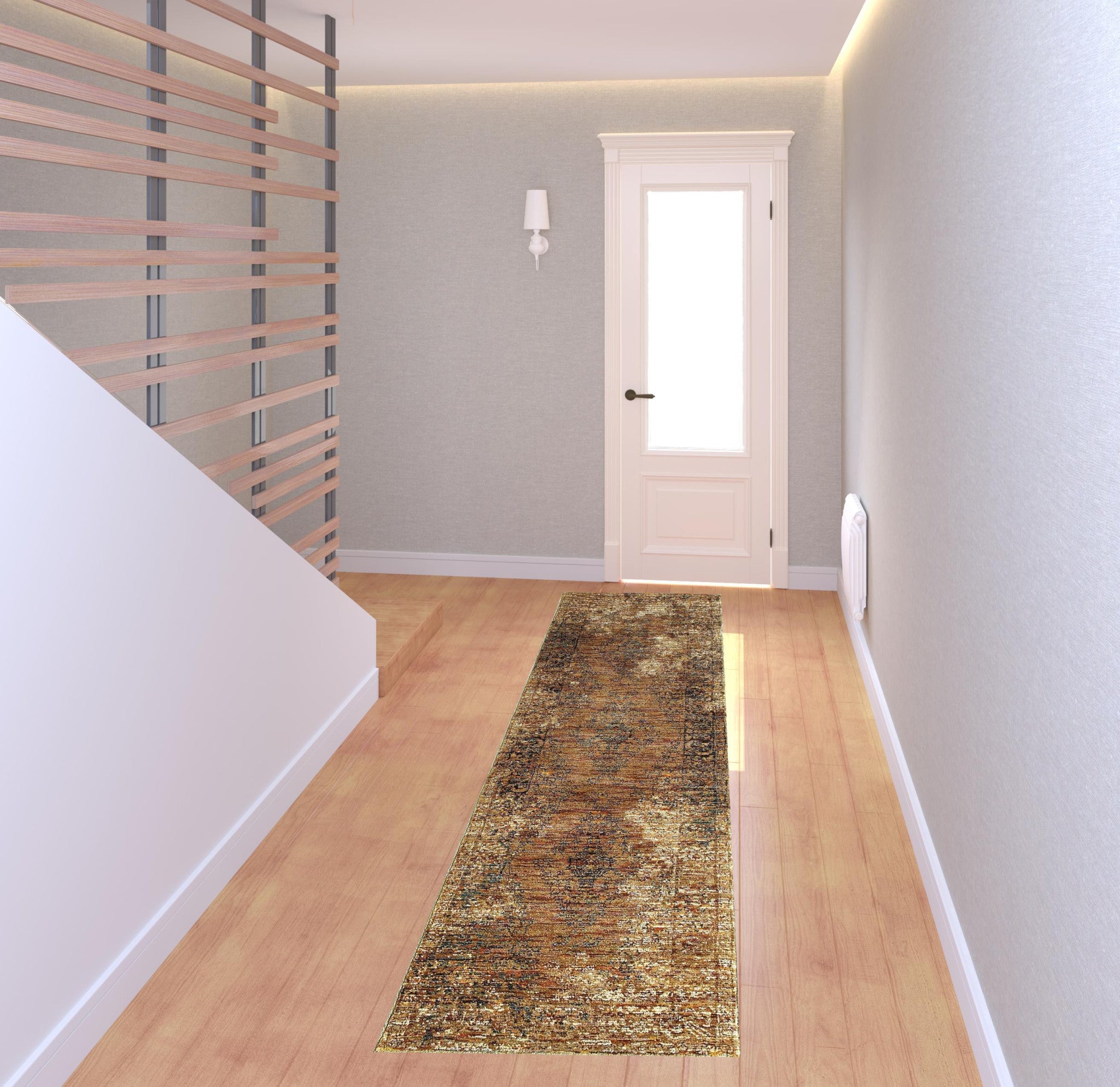 2' X 8' Gold And Brown Oriental Power Loom Stain Resistant Runner Rug