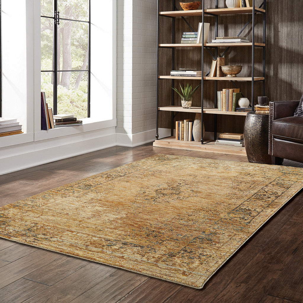 5' X 7' Gold And Brown Oriental Power Loom Stain Resistant Area Rug